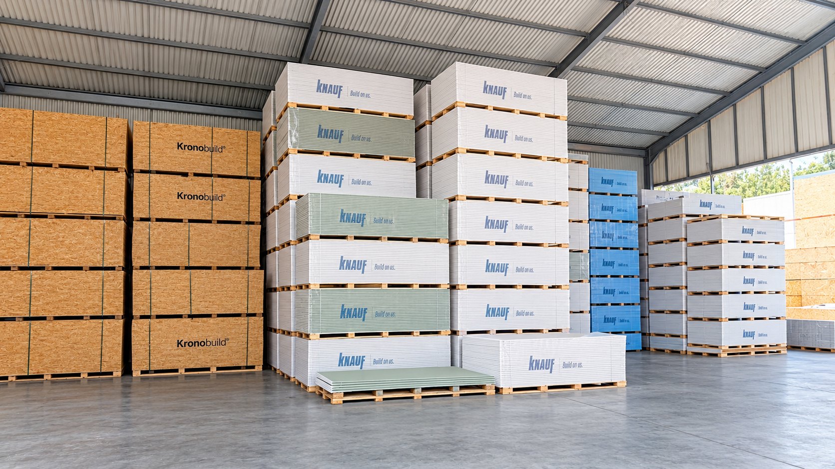 Knauf plasterboard and Kronospan OSB in stock at the J&C Solutions warehouse, Paphos
